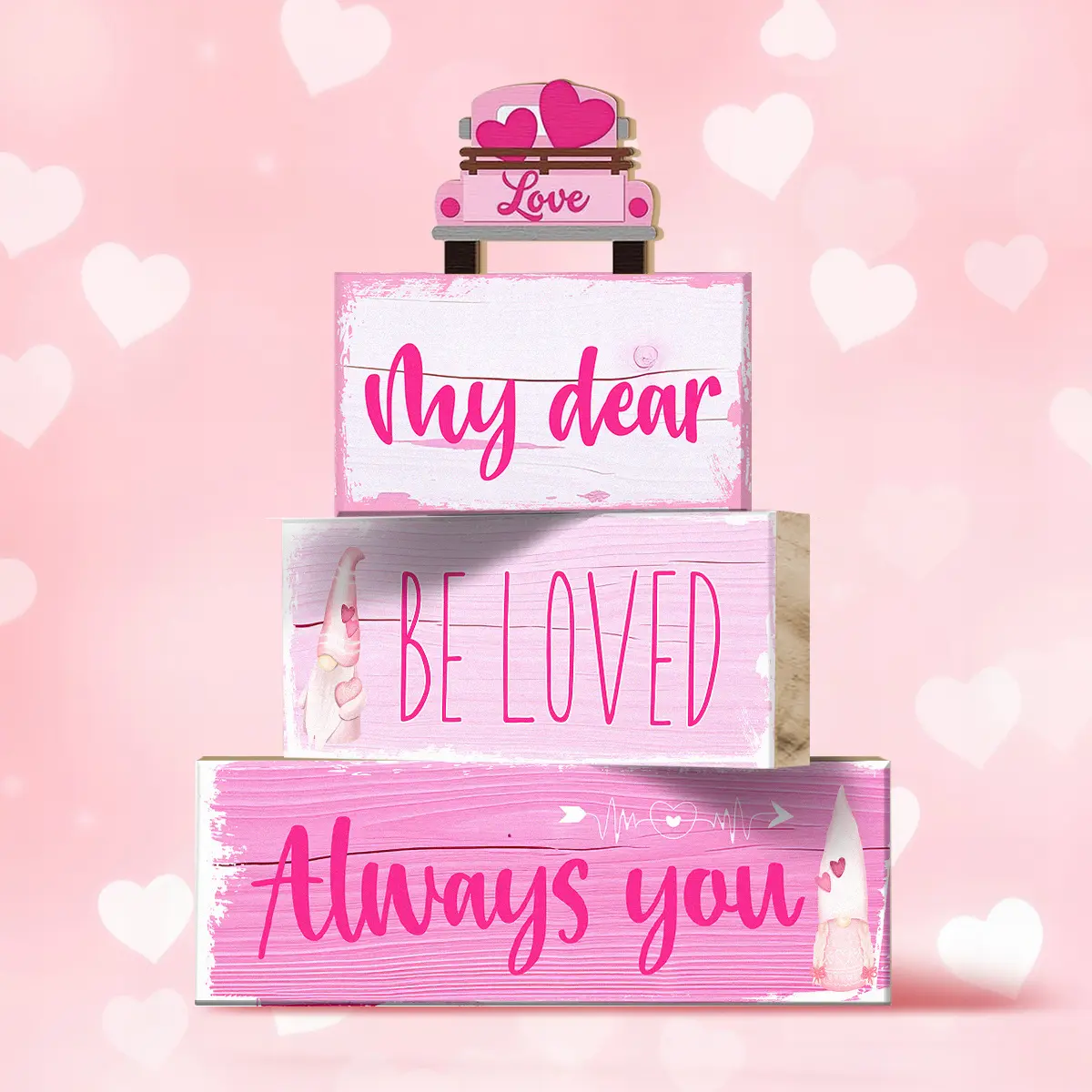 4 Pcs Valentine Table Decor Wooden Pink Truck Heart Decoration, Valentine's Day Be love always you Centerpiece, Sweet home Tiered Tray Decor Red Heart Block Signs Gift for Farmhouse Home Kitchen, valentine's day display set