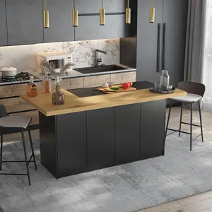 6.4ft L-Shaped Kitchen Island with Wood Top, 6-Door Storage, Breakfast Bar & Dining Table for 4-6 People, Beveled Edges, Sturdy Construction