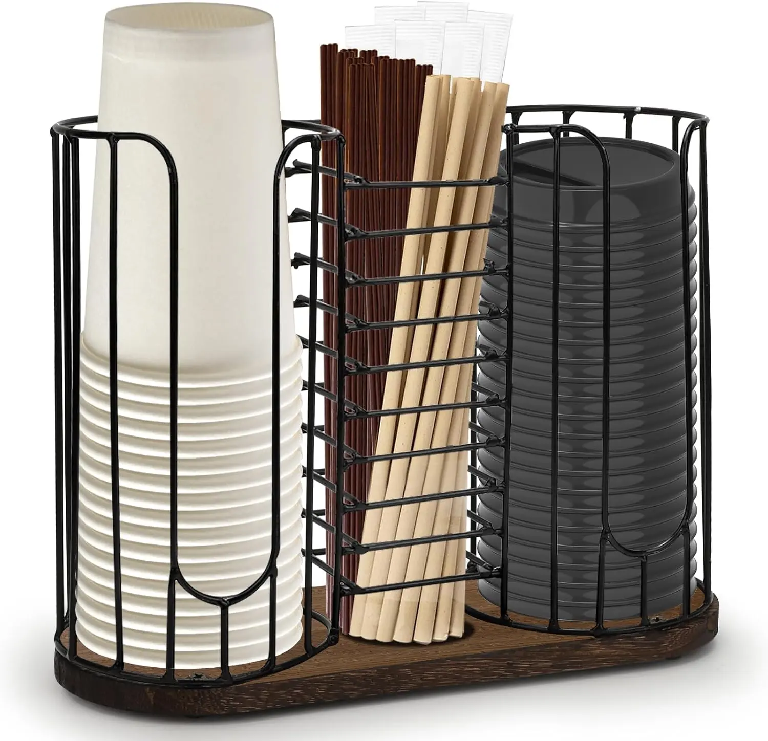 3-Compartment 18oz Coffee Cup Dispenser Rack with  Base, Disposable Cup, and Lid Organizer for Countertop -  for Paper Cups, Straws, and Kitchen Cabinet Storage