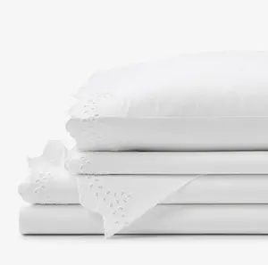 Eyelet Classic Cool Cotton Percale Solid Bed Sheet Set - White , Twin XL/ King