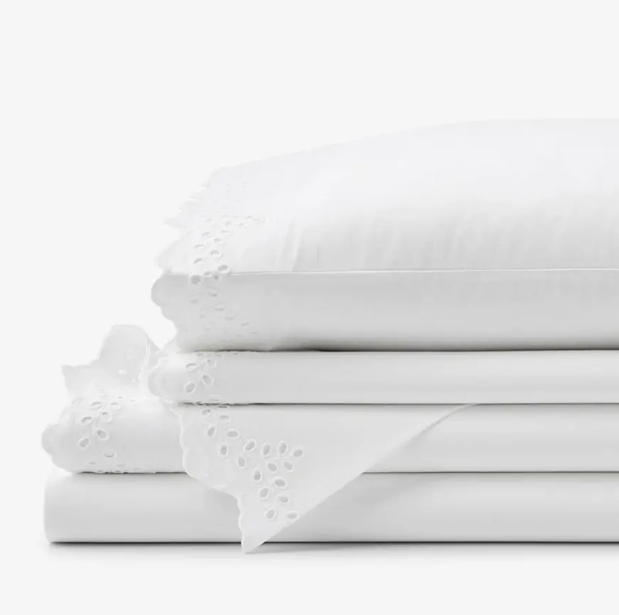 Eyelet Classic Cool Cotton Percale Solid Bed Sheet Set - White , Twin XL/ King