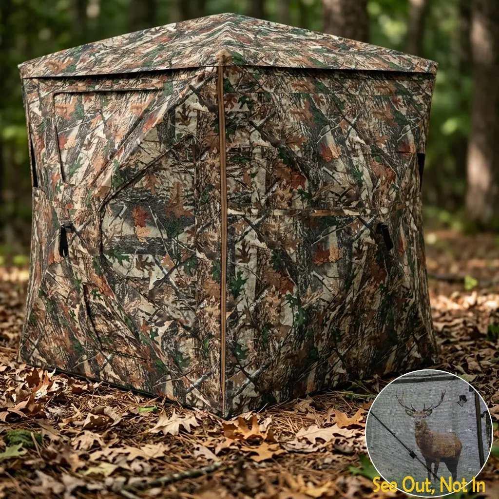Pop Up Detachable Hunting Blind for Adults, 2-3 Persons Camouflage, 360 See-Through, Skylight, Fiberglass Support, 15 Metal Stakes, Portable Deer Hunting Blind, Turkey Hunting