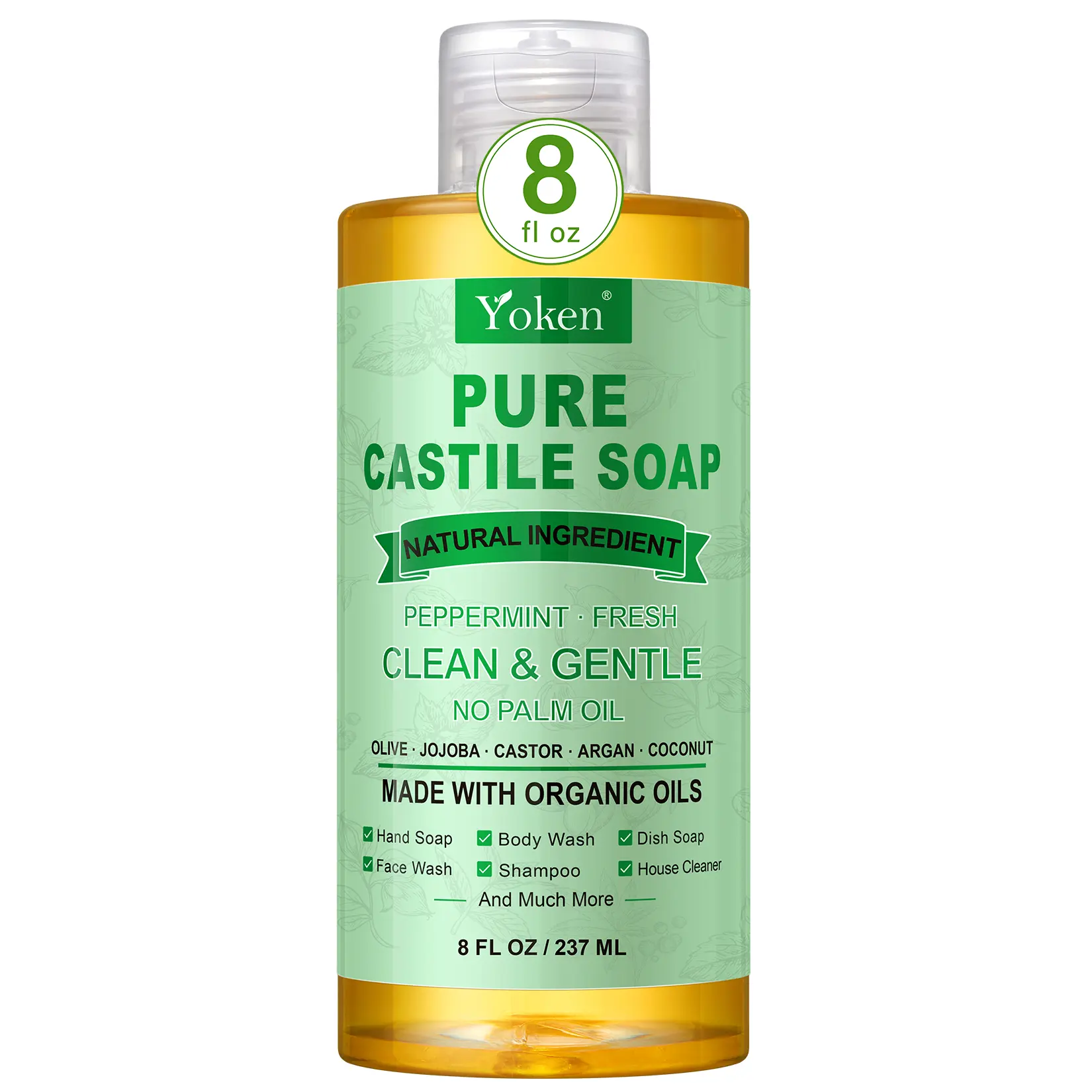 Yoken Peppermint Castile Soap Liquid 8 OZ, Made with Certified Organic Oils, Gentle Peppermint Soap for Body Wash, Face, Hands, Dishes, Laundry & More - Vegan & Natural Ingredients Versatile Cleanser