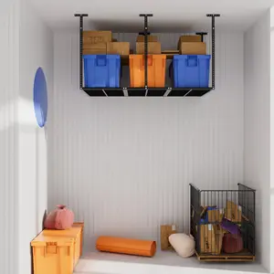 3x6 Overhead Garage Storage Rack, Heavy Duty Adjustable Ceiling Mounted Storage Racks, 750LBS Weight Capacity, Black Decor Steel Pack Shelves