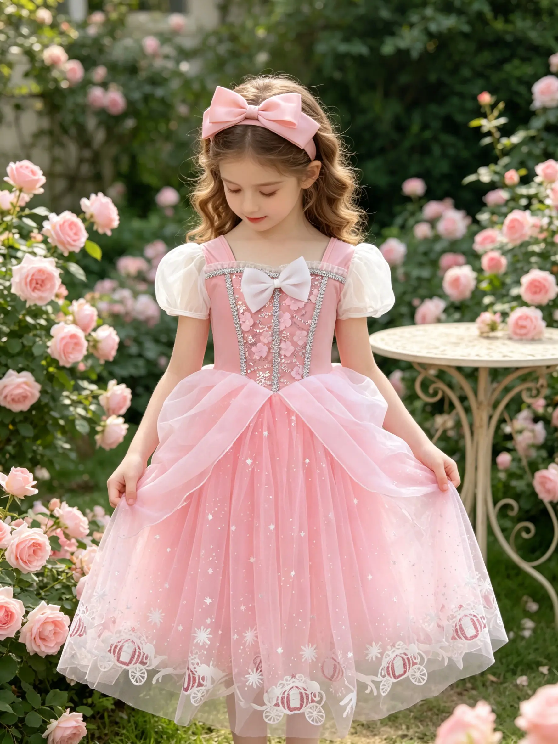 Girls' Blush Pink Royal Princess Long Ballet Tutu Dress  girls   - Floral Sequin Puff Sleeve Leotard, Big White Bow, Double-Layer Star Tulle Asymmetrical Skirt for Dance Class Recital, Birthday Photoshoots