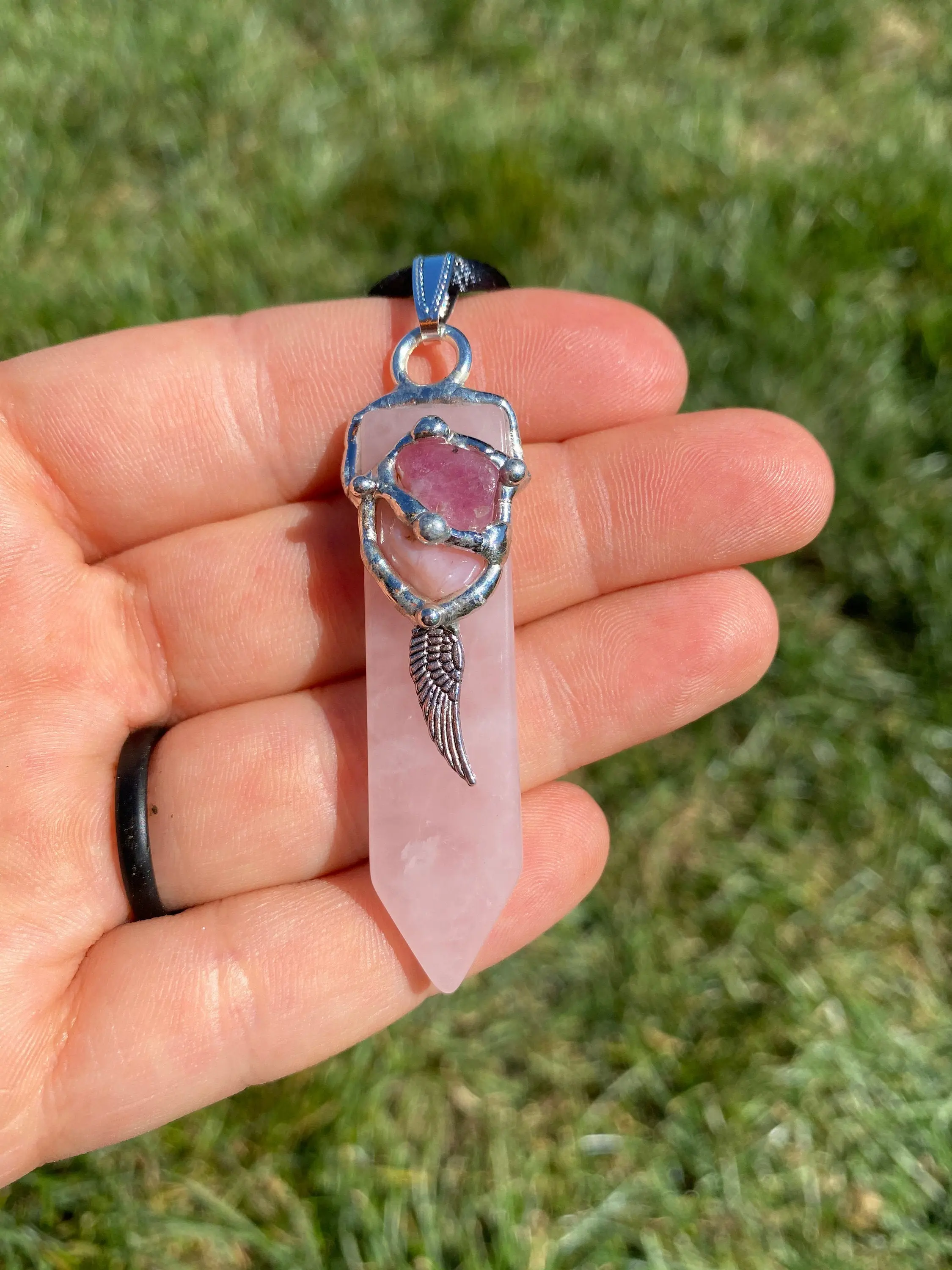 Angel Love Blade Amulet (Love & Forgiveness) Pendant with Black Satin Cord, Pink Opal, Pink Tourmaline, Rose Quartz