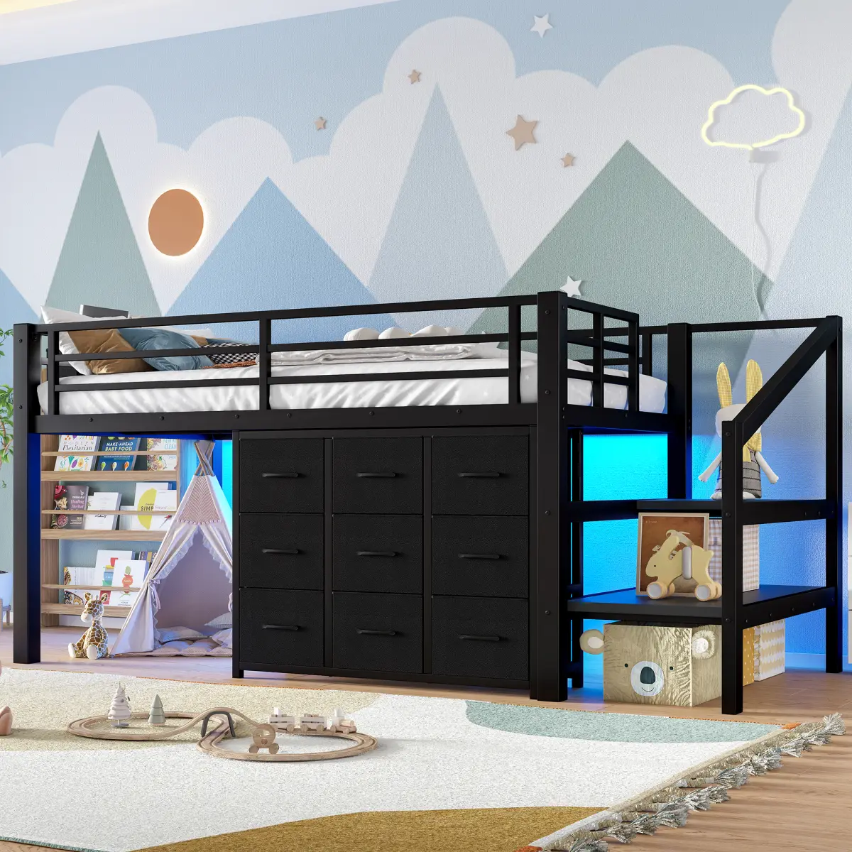 [Bellemave] Twin Metal Low Loft Bed| Multi-Storage Stairs & Drawers| Built-in Lights| Ample Under-bed Spaces| Safety Guardrail