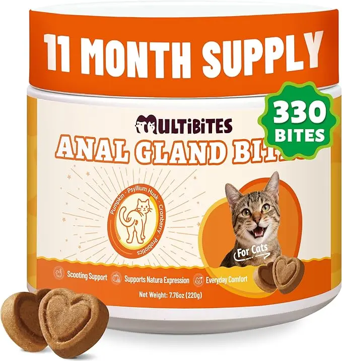 MultiiBites 330 Bites  Anal Gland Bites for Cats – With Pumpkin Seed Powder, Psyllium Husk, FOS, and Cranberry. Supports Natural Gland Expression, Scooting Relief, Healthy Stool Consistency, and Digestive Comfort.