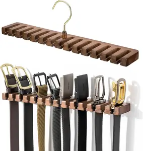 Wooden Belt Rack for Closet Wall Mount, Sturdy Belt Hanger Organizer Holds 14 Belts, Space Saving Belt Holder for Closet Door Wall, Walnut PARBEE