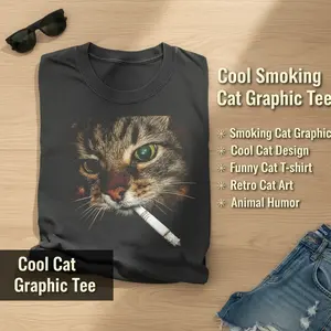 Smoking Cat Graphic Tee, Cool Cat Design Shirt, Funny Cat T-shirt, Retro Cat Art Tee, Animal Humor Shirt, Cat Lovers Tee, Cat Face Print Shirt