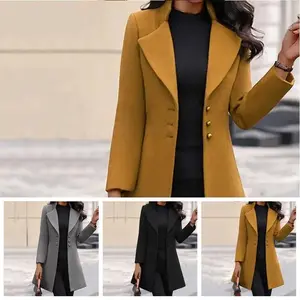 Autumn and winter mid length collar solid color slim fit women's wool jacket with lining