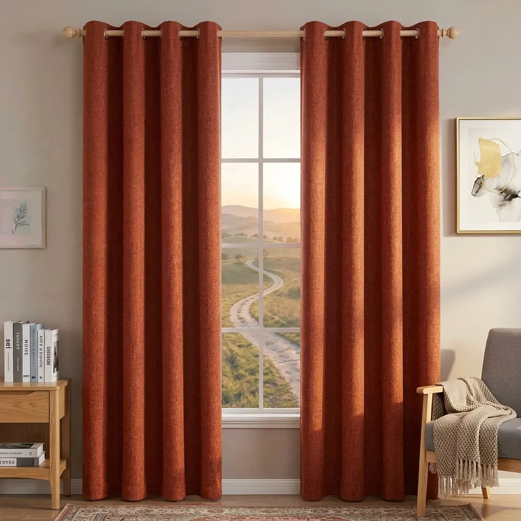 2 Panels Terracotta Blackout Linen Curtains,  Natural Draping, Modern Style, Home Decor Window Curtains, Soundproof & Thermal Insulated for Bedroom, Living Room, Apartment & Dorm sunscreen