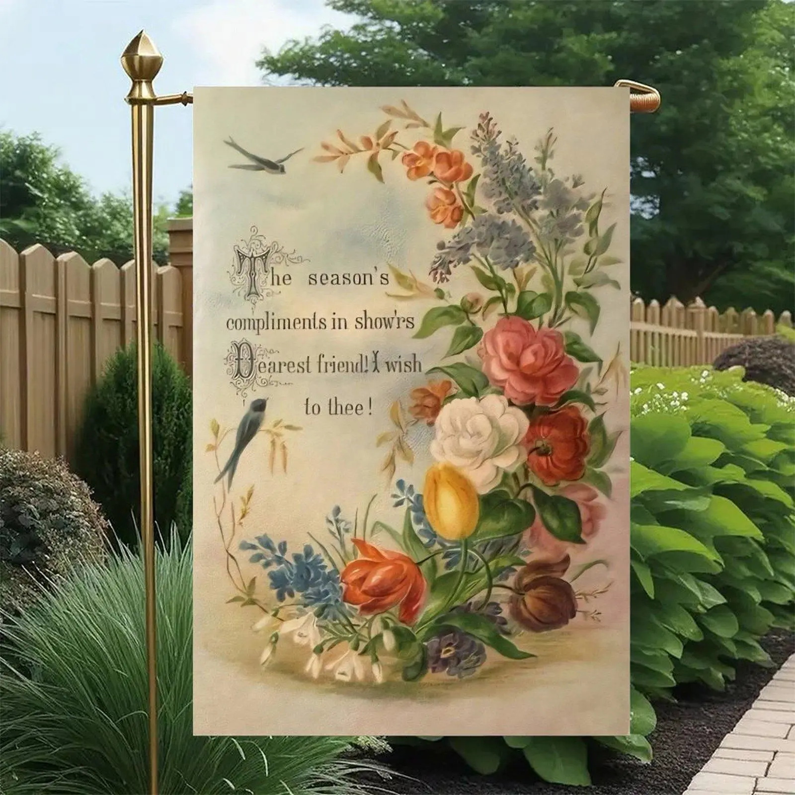 Vintage Antique Floral Tulip Rose Lilac Swallow Bird Old Letter Friend Quote Retro Garden Flag Double-Sided 12x18in, Antique Floral Porch Lawn Sign