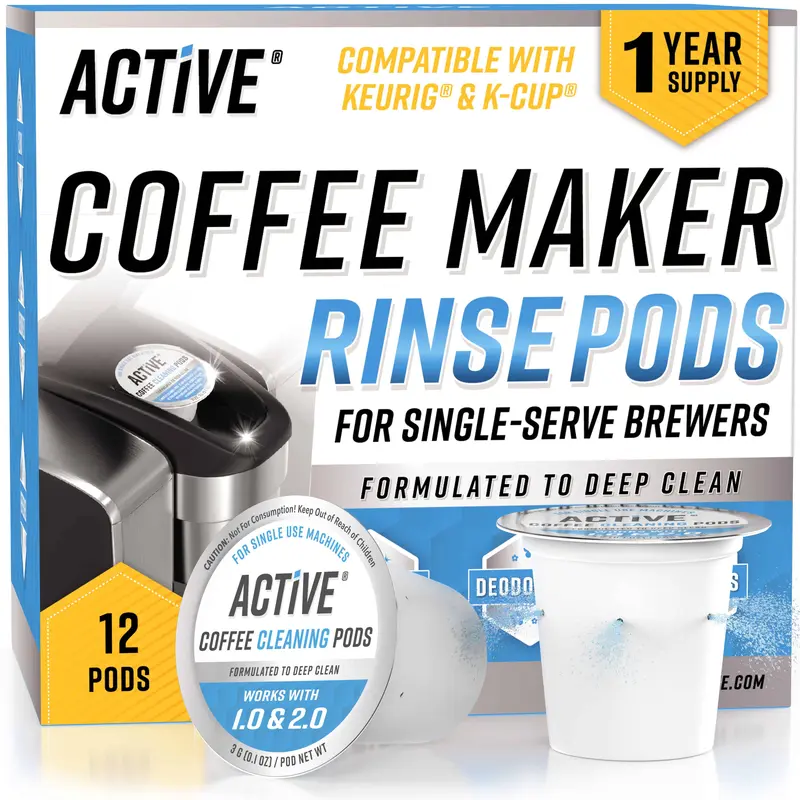 ACTIVE K-Cup Compatible Keurig Cleaning Pods - Quick-Rinse Cleaners for Single Serve Coffee Machine, 12 Month Coffee Maker Cleaner Kit, Brewer Clean Cups for Keurig 1.0, 2.0, Mini Machines - 12 Pack