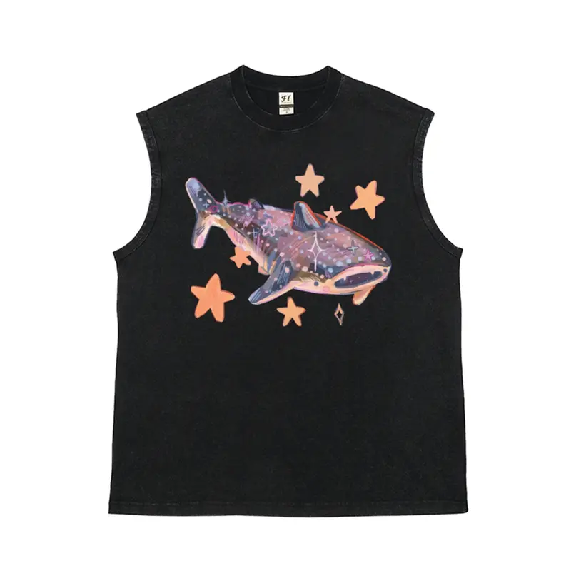 Starry fairy tale aesthetic Dreamlike Whale shark Marine organisms Unisex Plus Size Summer Graphic Tees Personalized Pattern Y2k Clothing Round Neck Short-Sleeved Washed Vests,Women's Clothing 100% Cotton, Menswear, Top, Vintage Style, Casual Oversized