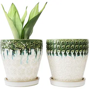 6 Inch Ceramic Planter Pots with Drainage Holes, Saucers and Mesh Pads for Indoor-Outdoor , Succulent Orchid Flower Large Round  Pot, Set of 2 (Green+White)