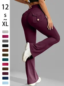 Women's High-Waisted Tight-Fit Flare Pants with Pockets, V-Shaped Waist Design Butt-Lifting Yoga Pants, Casual Fall Winter Workout Wear, Flared Yoga Gym Sportswear Bottoms, Gym Workout Leggings