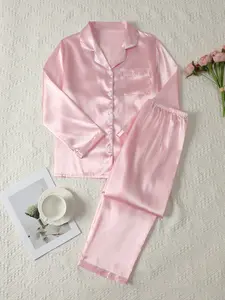 Comfortable Valentine Satin Pajamas with Button Front, Soft Long Sleeve Top and Elastic Waist Pants, Casual Women's Sleepwear Loungewear for All Seasons