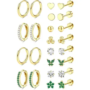 CASAIECA Gold Plated Stud Hoop Earrings for Women Men Surgical Stainless Steel Flat Back Earrings Small Huggie Hoops Cartilage Earring Set for Multiple Piercing Jewelry Gift for Women Hypoallergenic