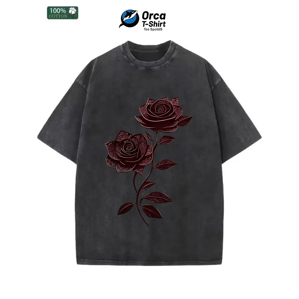 Black Rose Graphic Loose-fitting Washed T Shirt Unisex Streetwear Tee Soft Cotton Casual Loose Fit For Daily Outfit Skater Y2K Goth Style