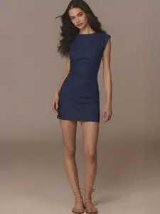 Denim Crew Neckline Padded Shoulders Side Ruching Contour Dress