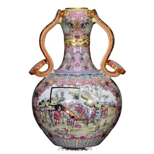 A0846 Chinese Qing Dynasty Gilt Gold Famille Rose Enamel Figure Design Double Ears Porcelain Vase