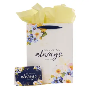 Be Joyful Always Yellow and Navy Blue Floral Portrait Gift Bag with Card Set