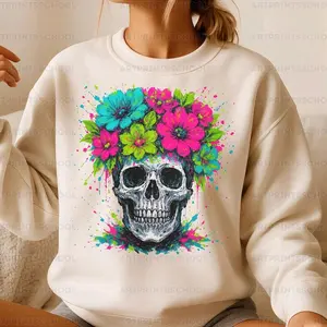 Skull Floral • T-shirt Tee Shirt Comfortable Unisex Top Sublimation Casual Graphic Shirts Stylish Neon Cute Bright Skeleton
