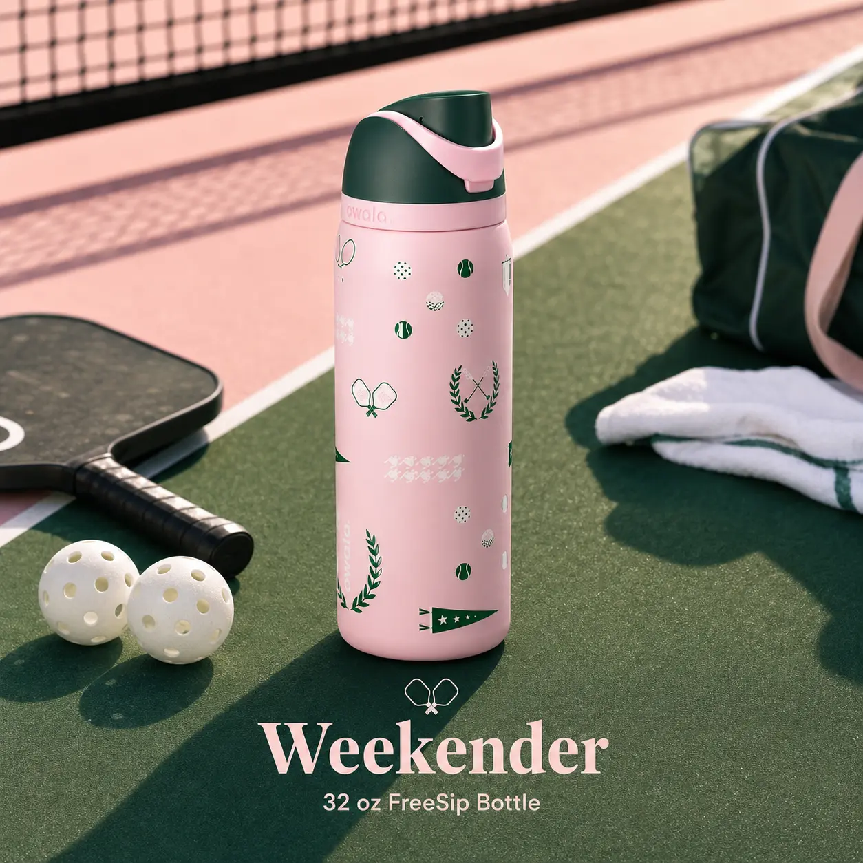 Owala FreeSip Weekender 32oz Insulated Water Bottle – Pink & Green Tennis Print, Built-In Straw and Carry Loop