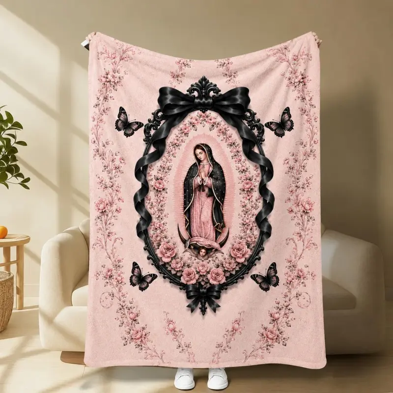 Our Lady of Guadalupe Black Bow Floral Flannel Polyester Throw - Flower, Cute Colorful, Bow Decorative, Colorful Afghan, Decorated Styles for Bed Sofa, Ideal Gift for Feminine Catholic Fans, Flower Blankets, Cute Colorful Blankets