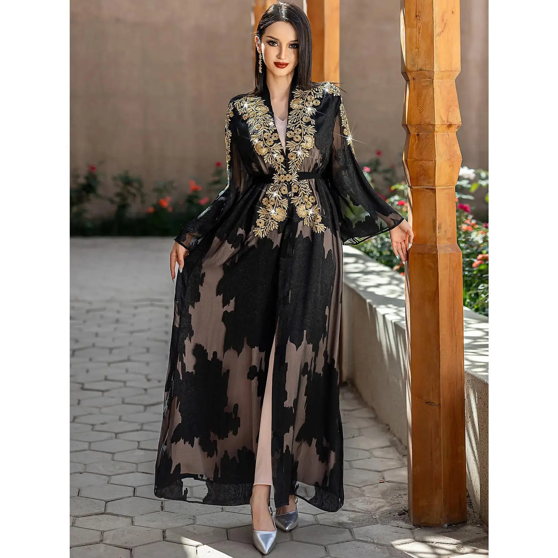 Two-Piece Black and Golden Embroidered Abaya with Belt - Elegant Long Sleeve,  Flowing Ethnic Style, Non-Stretch Fabric, Perfect for Spring/Summer,  Cultural Attire | Elegant Abaya | Satin Finish - TikTok Shop