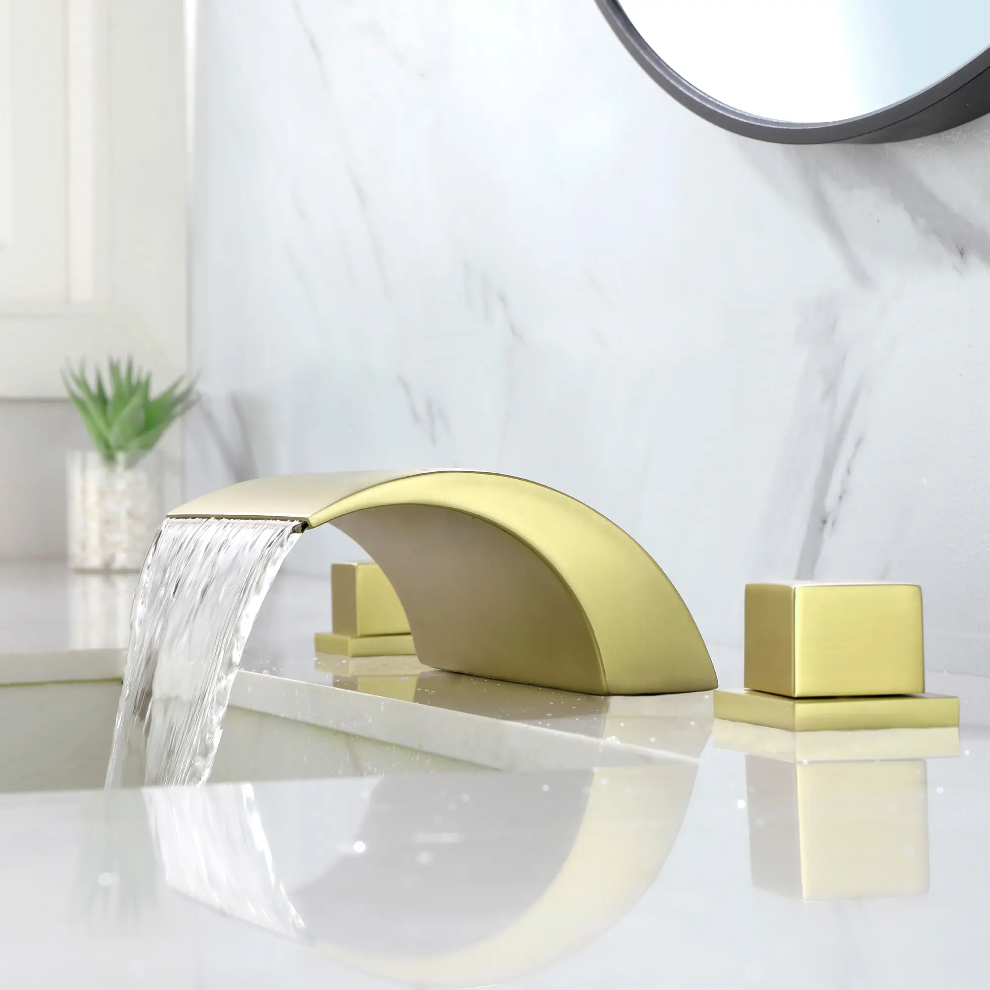 Waterfall Bathroom Sink Faucet, 3 Hole Widespread Brass Vanity Faucet with Dual Square Handles - Matte Black, Brushed Gold