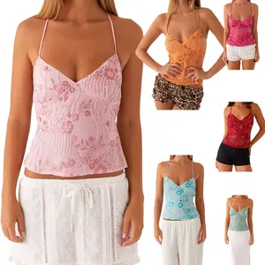 Women's Fashion Sexy Camisole Sleeveless Tops V Neck Backless Floral Summer Tank Top for Party Club