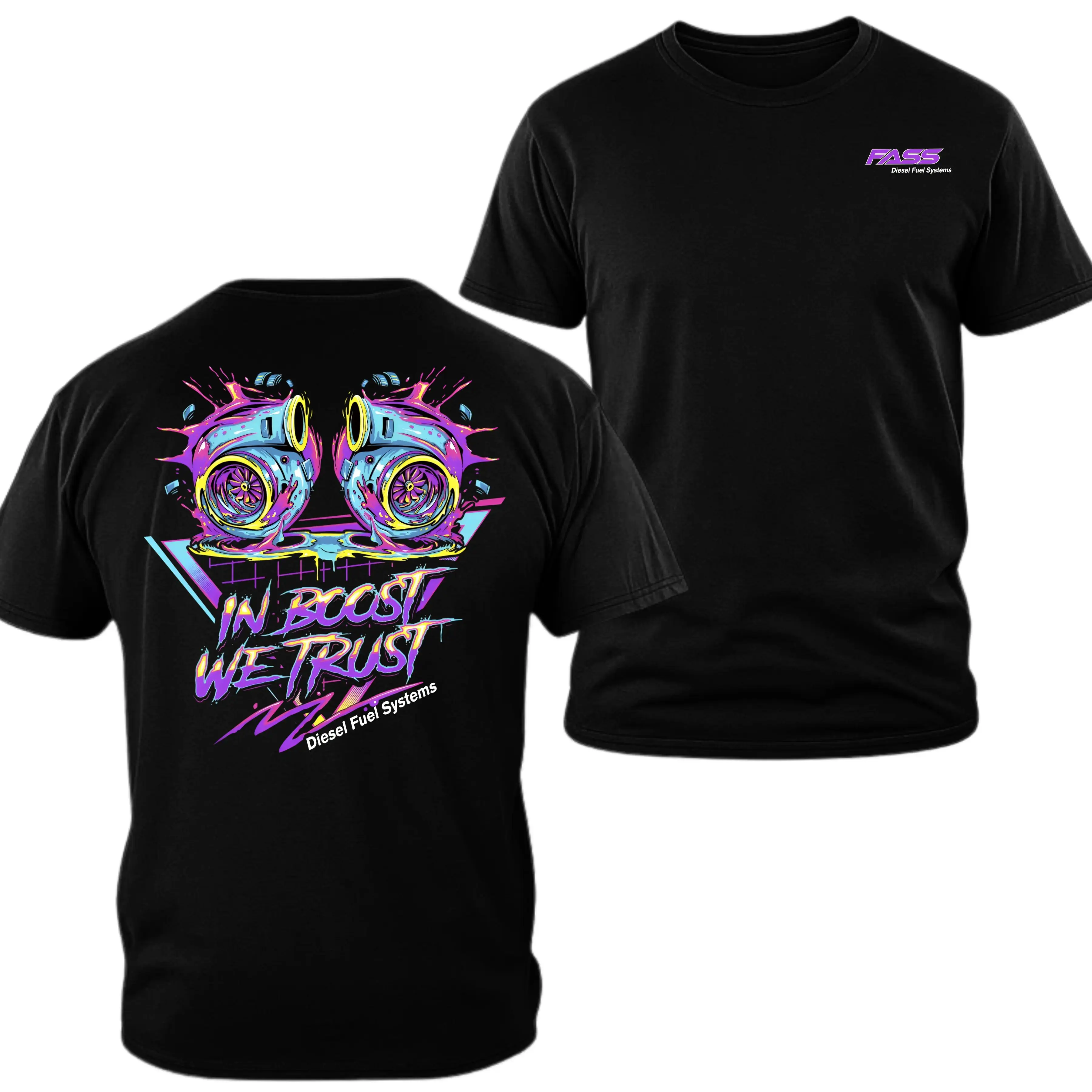 FASS Diesel Fuel Systems T-shirt, In Boost We Trust Graphic, 2 Sides, Soft Cotton Shirt, Diesel Performance Truck Apparel for Men & Women  Men's and women's tops suitable for everyday wear and all seasons