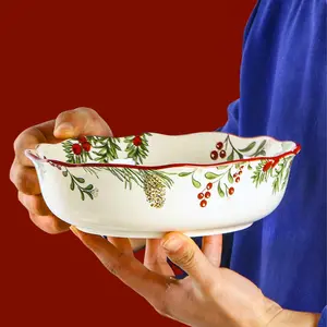 Ceramic Bowl, 1 Count Colorful Cedar & Elves Dancing Pattern Bowl, Dishwasher Safe Bowl for Home Kitchen Dining Room