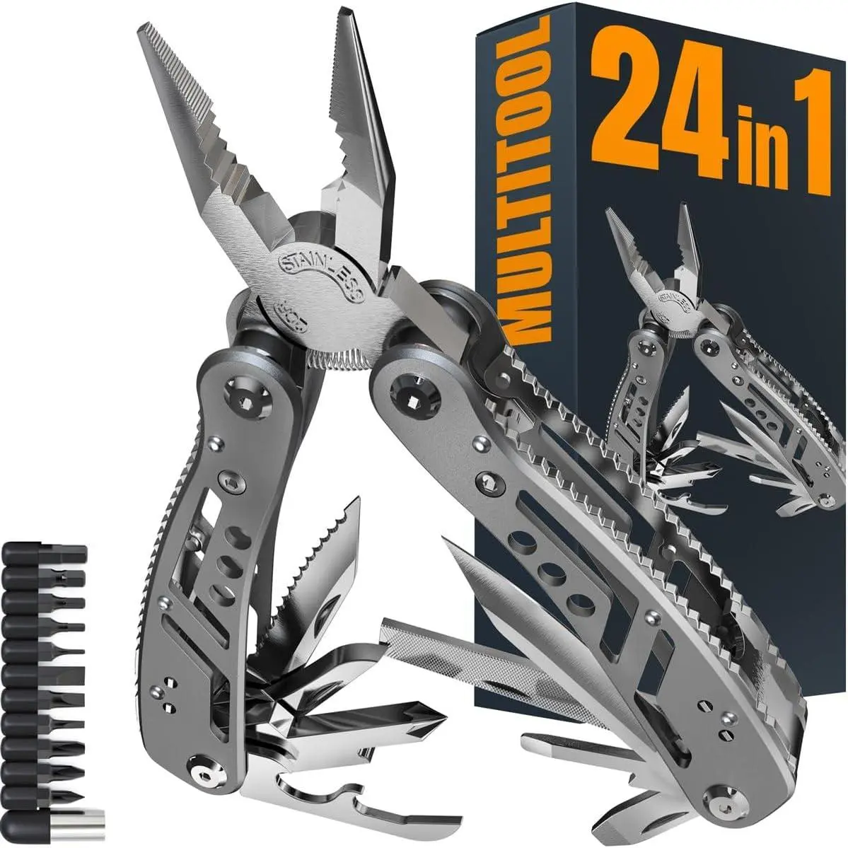 24-in-1 Multitool with Knife, Pliers & 11 Bits - Tool for Men - Gear with Tools for Camping Hiking,, EDC - Best Gifts for Dad Husband Boyfriend 2238