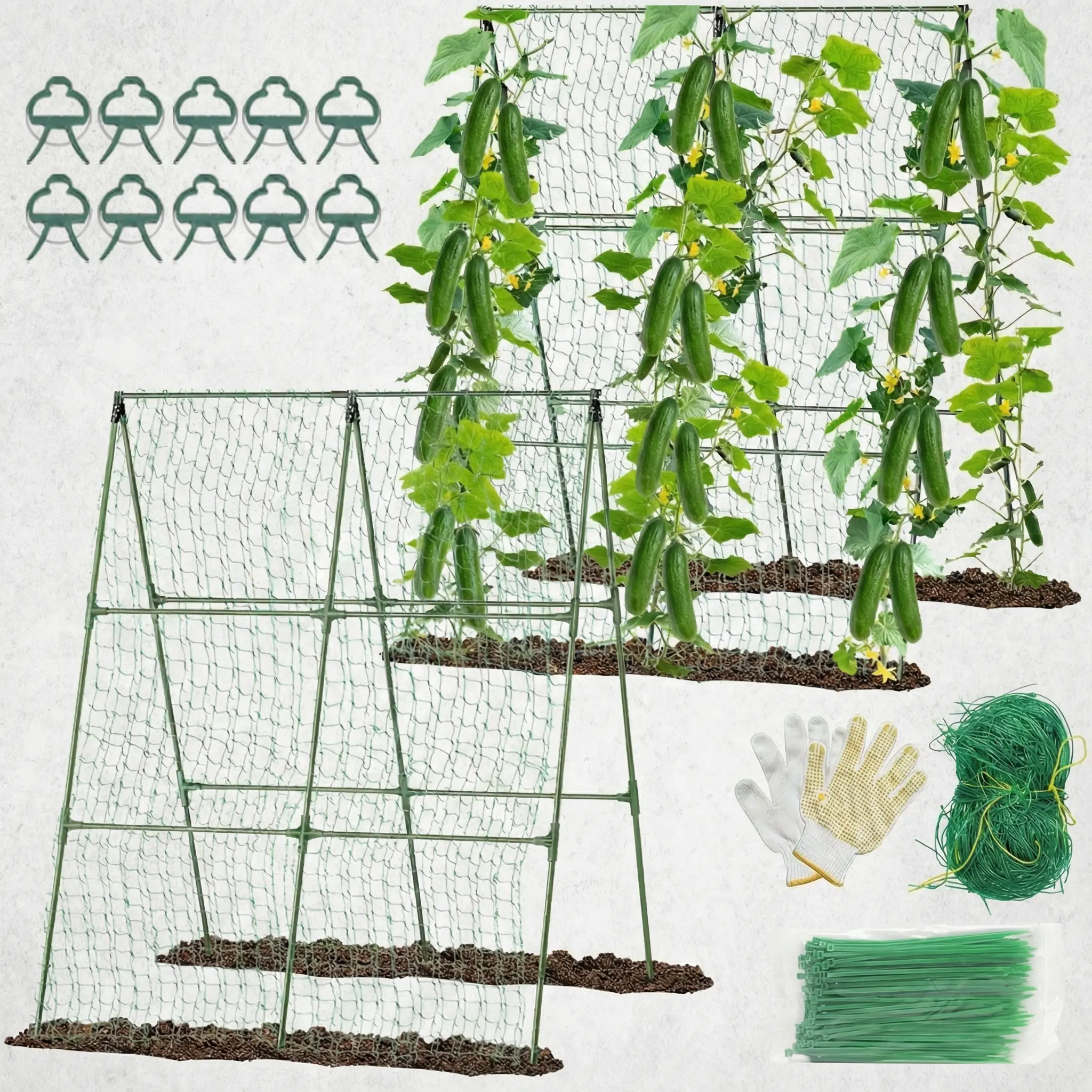 MQHUAYU 2PCS Metal-PE Garden Trellis with Climbing Net, Adjustable Raised Bed Support, Anti-Slip Base, Clips, Zip Ties, Humanized Design for Flowers, Vegetables, Climbing Plants (Outdoor Garden Accessory)