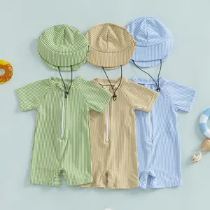 Toddler Baby Boys Short Sleeve  Rash Guard Swimsuit Half Zipper Bathing Suit Swimwear with Hat