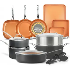 20 count Ceramic Cookware Set, Copper Pots and Pans Set Non Stick with Bakeware, Cooking Utensils, and Steamer, Oven and Dishwasher Safe