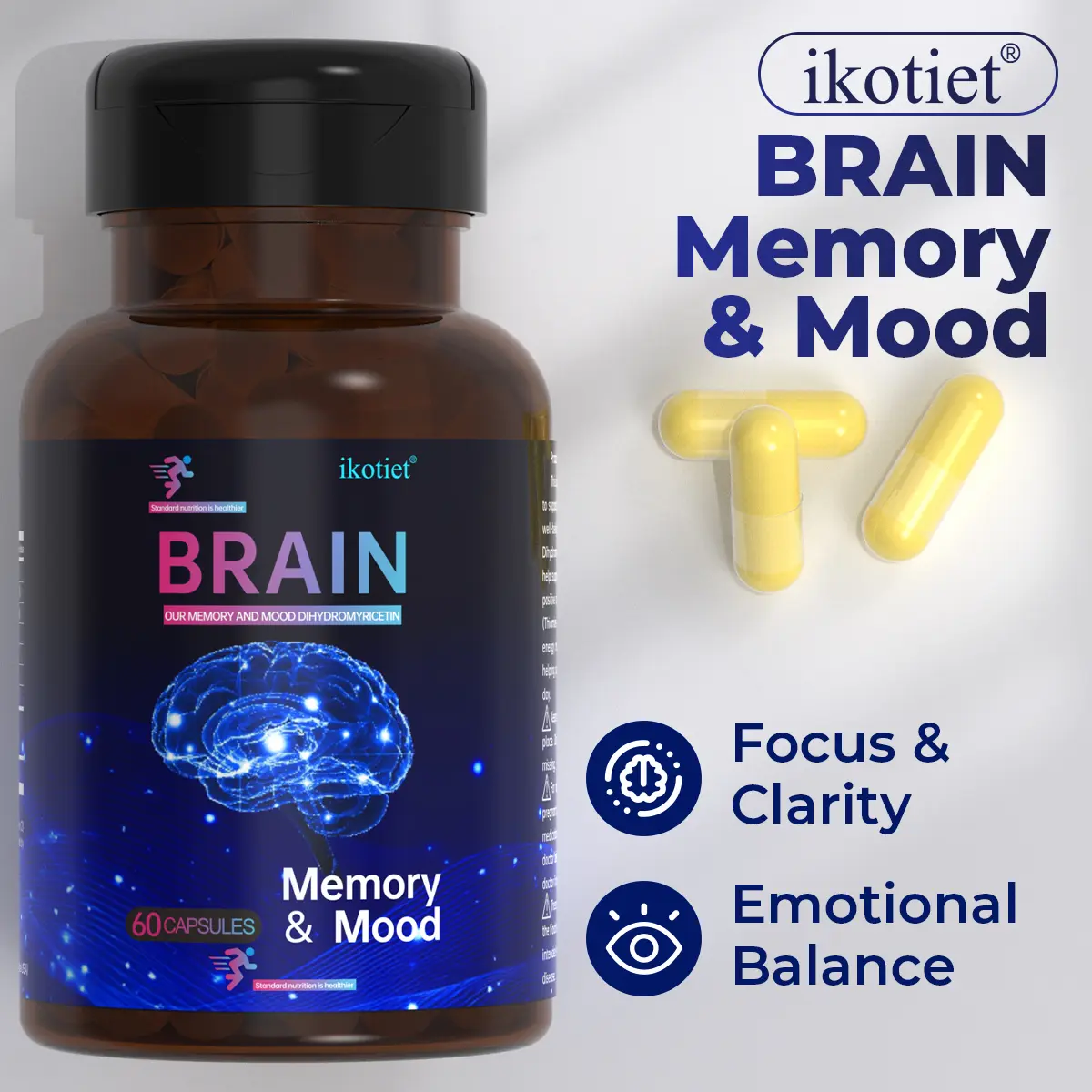ikotiet Brain Memory & Mood Support Nootropic Capsules - DHMP Blend Brain Supplement with Daily Vitamin B1, B6, Magnesium Complex, Natural Plant Extracts, Vegan, Non-GMO, Gluten-Free, 60 Capsules for Mental Focus & Clarity