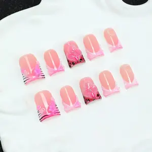 10 square handmade nail tips, Y2K Baddie style, pink nail plate, French nail tip, zebra print, embossed, cream texture design, Nail Art Design, handmade nail decoration, including tool kit, can be gifted to women and girls, Stylish Acrylic Nails