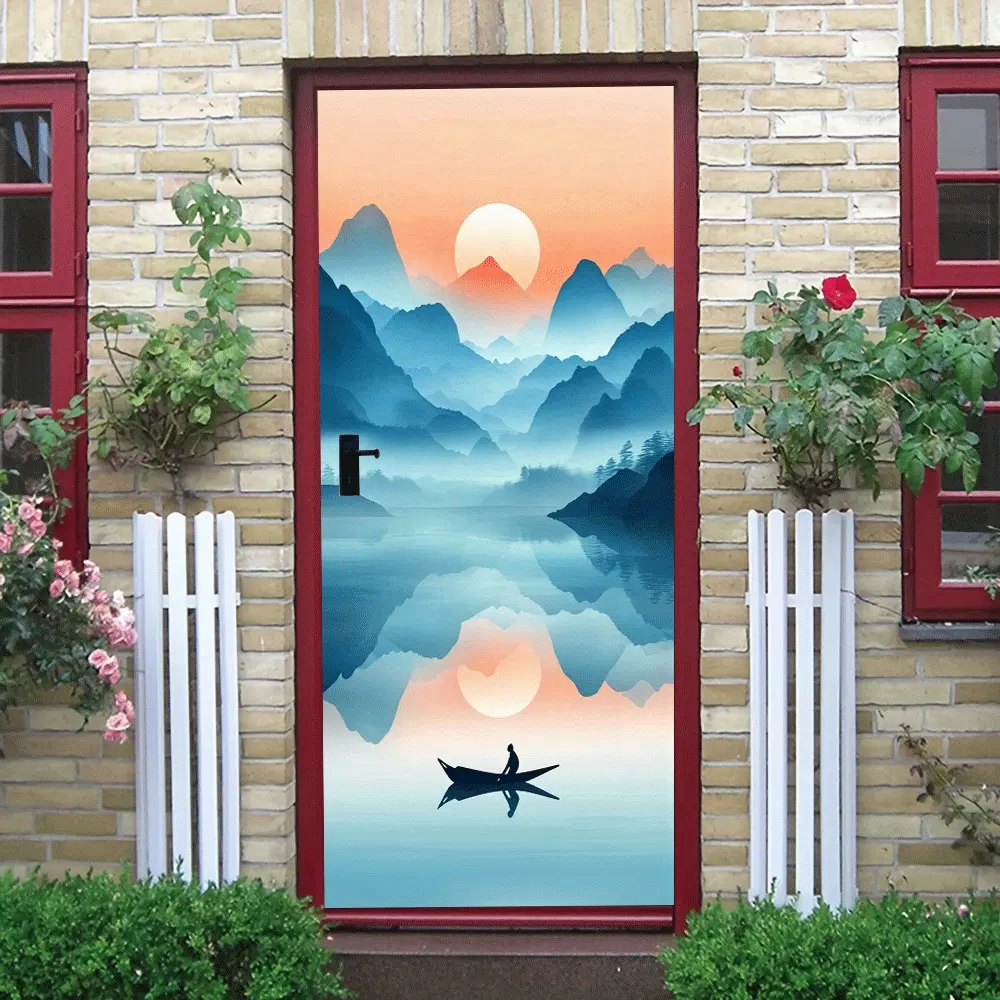2pcs Chinese Style Landscape Wall Stickers Ink Painting Art Decor Self Adhesive Removable Vinyl Decals Sunrise Mountain Scenery for Living Room Bedroom Study Wall Decorations