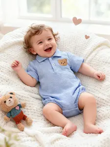 Newborn Baby Boy Blue Short Sleeve Triangle Onesie, Breathable All-In-One Romper, Lightweight Summer Baby Clothes, Comfort Fit