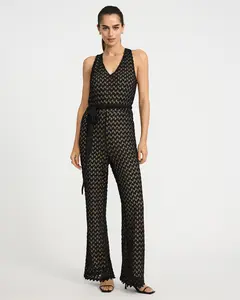 Express Crochet Halter V-Neck Sleeveless Belted Jumpsuit