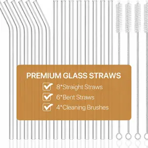 18-Pack Glass Straws, Reusable Clear Glass Drinking Straws Set, 8.5 Inch x 10mm - Includes 8 Straight and 6 Bent with 4 Straw Cleaner Brush, Perfect for Smoothies, Milkshakes, Juice, Tea