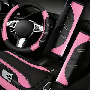 4-Piece Car Interior Accessory Set, Sporty PU Leather Steering Wheel Cover (14.5-15 inch Universal), Microfiber PU Leather Car Console Cover, Seatbelt Pads, All-Season Car Accessories for Men and Women