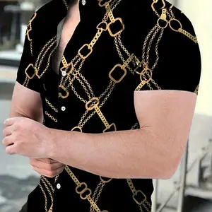 Black Chain Pattern Print, Men's Lapel Short Sleeve, Simple Trendy Shirt, Versatile Top For Holiday Spring Summer Dates Holiday Daily Commute Holiday Leisure Vacation