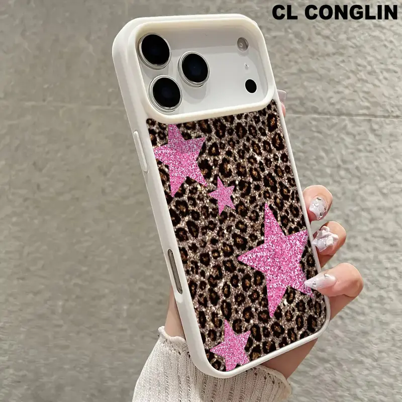 Magnetic Silicone TPU Smartphone Case - Customized Leopard Print, Shining 5-Pointed Star Design, Lightweight, Aesthetic, Scratch-Resistance for iPhone 17 Pro Max,16 E,15 Plus,14,13,12,11 Devices