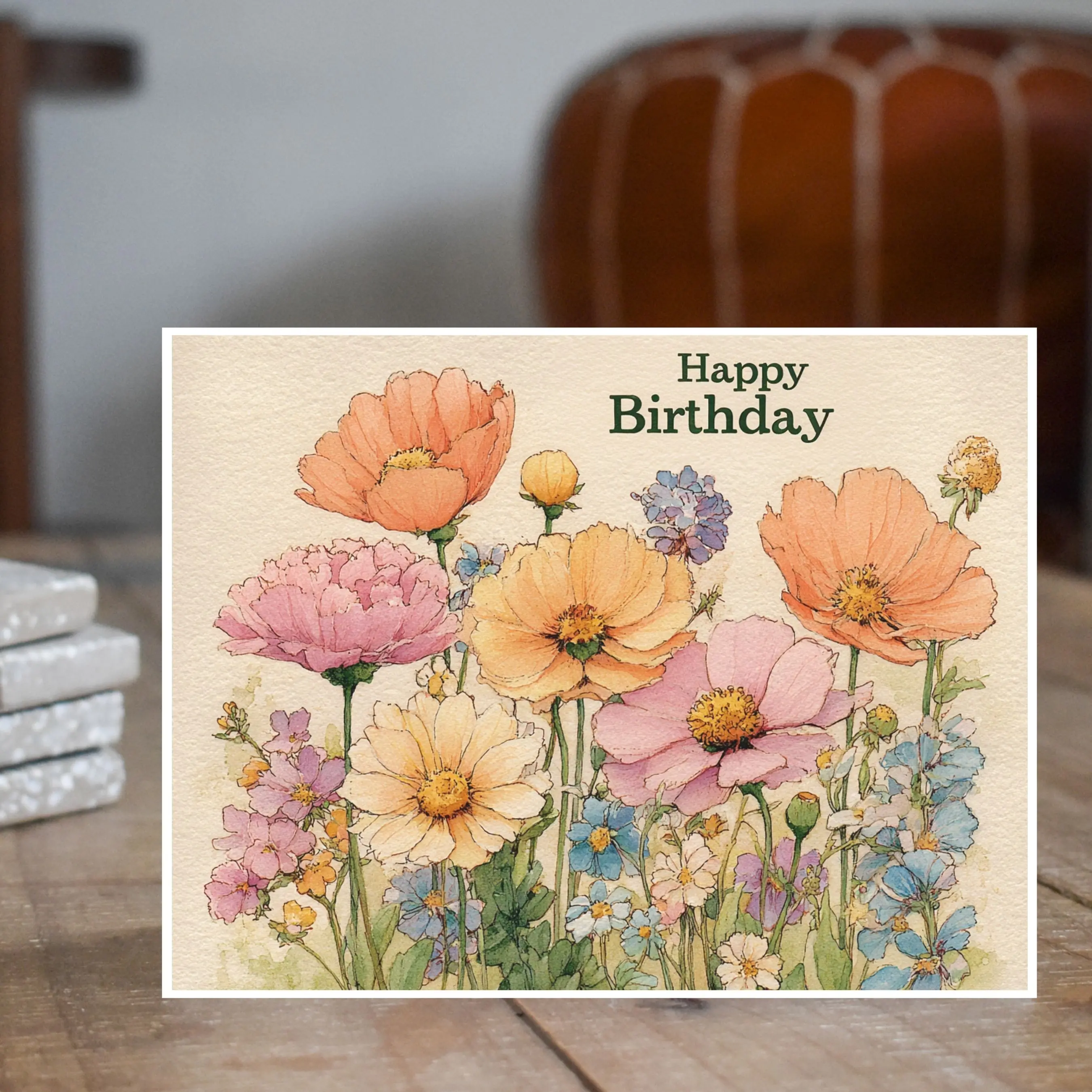 Handmade Craft Printed Art Happy Birthday Greeting Card - Elegant Watercolor Wildflower Meadow Blooms, Card Stock, Matching White Envelopes, Blank for Someone Special