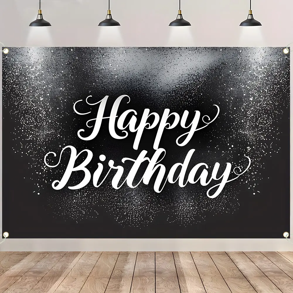 Happy Birthday Backdrop Black and White Glitter, Large Birthday Banner for Party Decorations, Fabric Photography Background for Photo Booth, Birthday Party Supplies for Men Women Kids